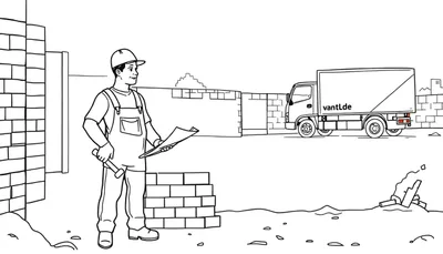 Zwart-wit lijntekening van een bouwvakker in helm en overall, met hamer en tekeningen, staand bij bakstenen muren en een vrachtwagen op een bouwterrein.