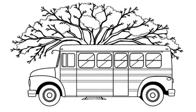 Zwart-witte lijntekening van een ouderwetse bus met een grote boom op het dak, klaar om ingekleurd te worden.
