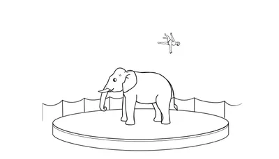 Kleurplaat van een olifant op een podium met een zwevende acrobaat erboven, in zwart-wit lijntekening.