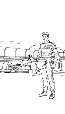 Kleurplaat van een jonge coureur met Ferrari logo en raceauto op circuit.