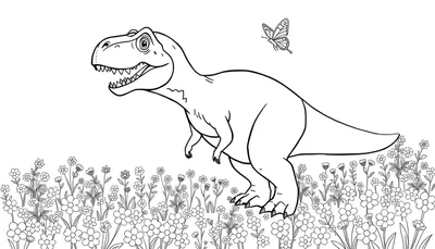 Kleurplaat van een grote dinosaurus met open bek, tanden zichtbaar, staand in een veld vol bloemen. Een vlinder vliegt boven de kop van de dinosaurus.