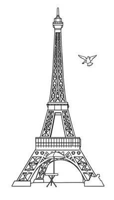 Zwart-wit lijntekening van de Eiffeltoren als kleurplaat, met een duif die rechtsboven vliegt en een tafeltje met parasol aan de linkerkant van de basis.