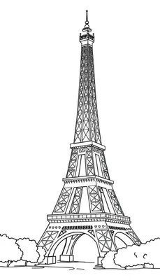 Zwart-witte lijntekening van de Eiffeltoren, ideaal om in te kleuren, met gestileerde bomen aan de voet en een witte achtergrond.