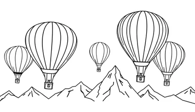 Zwart-witte lijntekening van vijf heteluchtballonnen in verschillende maten boven een berglandschap.