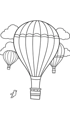 Kleurplaat lijntekening van drie heteluchtballonnen in de lucht met wolken en een vogeltje.