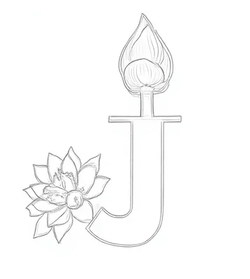 Zwart-wit kleurplaat van de hoofdletter J met een lotusknop bovenop en een geopende lotusbloem ernaast, getekend in een strakke stijl.