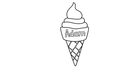 Zwart-wit kleurplaat van een ijshoorntje met softijs, met de naam 'Adam' erop.