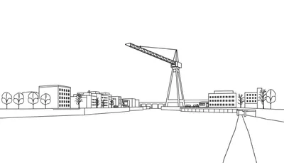 Zwart-wit lijntekening van een industrieel landschap met een rivier, gebouwen, een brug en een grote kraan.
