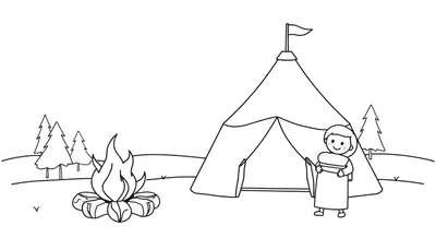 Zwart-wit lijntekening van een kampeerscène met een tipi-achtige tent, een lachend kindje met slaapzak, een kampvuur en dennenbomen.