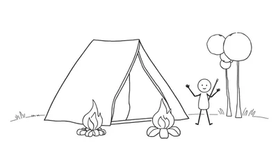 Zwart-wit lijntekening van een kampeerscène met een tent, twee kampvuren, een stick figure en bomen.