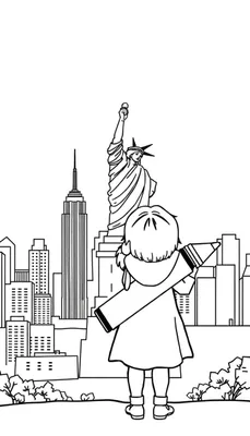 Zwart-wit tekening van een kind, van achteren gezien, dat een groot kleurpotlood draagt. Op de achtergrond de skyline van New York met wolkenkrabbers en het Vrijheidsbeeld.