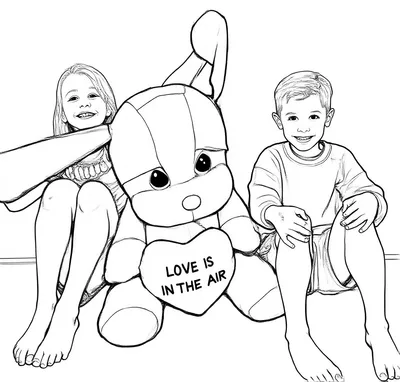 Zwart-wit lijntekening van een kleurplaat met een meisje links, een jongen rechts en een groot knuffelkonijn in het midden. Ze zitten met opgetrokken benen en lachen. Het konijn houdt een hart vast met 'LOVE IS IN THE AIR'.