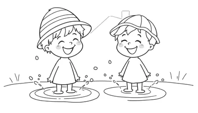 Kleurplaat van twee blije kinderen die met gesloten ogen en rode wangetjes in waterplassen spetteren.