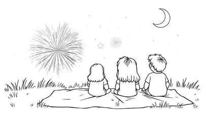 Kleurplaat van drie kinderen die vanaf de grond naar een nachtelijke hemel met vuurwerk en een maan kijken.