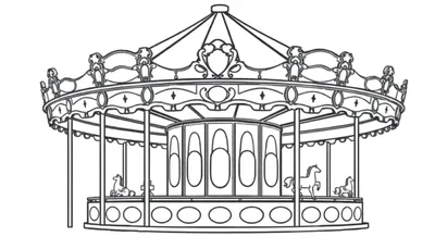 Gedetailleerde zwart-wit tekening van een klassieke carrousel met paarden en versieringen, klaar om ingekleurd te worden.