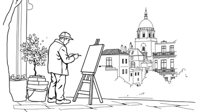 Zwart-wit lijntekening kleurplaat van een kunstenaar die schildert in een stad met gebouwen op de achtergrond.