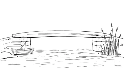 Zwart-wit lijntekening van een landschap met een houten brug over water, een zeilbootje aan de linkeroever en riet aan de rechteroever.
