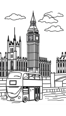 Zwart-wit kleurplaat van Londen met Big Ben, Houses of Parliament, een dubbeldekkerbus en de rivier met brug.
