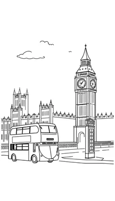 Zwart-wit lijntekening van een Londense dubbeldekkerbus, Houses of Parliament, Big Ben en een telefooncel, ontworpen als kleurplaat.