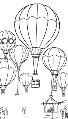 Zwart-wit tekening van een luchtballonnenfestival met veel ballonnen in de lucht en mensen op de grond bij kraampjes.