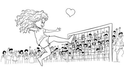 Kleurplaat van een blij meisje dat een hart trapt in een voetbaldoel, omringd door juichende mensen.