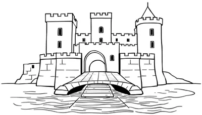 Zwart-wit lijntekening van een middeleeuws kasteel met torens, kantelen, een poortgebouw, een stenen boogbrug over water en een houten vlonder.