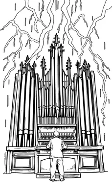 Kleurplaat van een groot pijporgel met bliksem en regen, bespeeld door een organist.