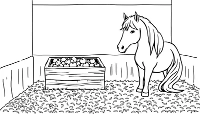 Kleurplaat van een paard dat naar een grote houten kist vol appels kijkt, in een stal met stro op de vloer.