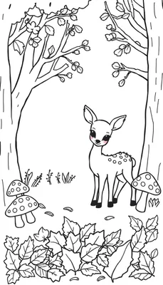 Zwart-wit tekening van een reekalfje met stippen op zijn rug, omringd door bomen, gestippelde paddenstoelen en herfstbladeren, bedoeld als kleurplaat.