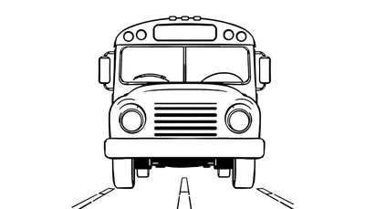 Zwart-wit lijntekening van een schoolbus in vooraanzicht, klaar om ingekleurd te worden. De bus toont duidelijke details zoals ruitenwissers, spiegels, lichten en een grille, met een weg met markeringen eronder.