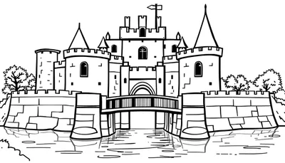 Zwart-wit lijntekening van een sprookjesachtig kasteel, klaar om ingekleurd te worden. Het kasteel heeft meerdere torens met kantelen, een brug over een gracht en ramen.