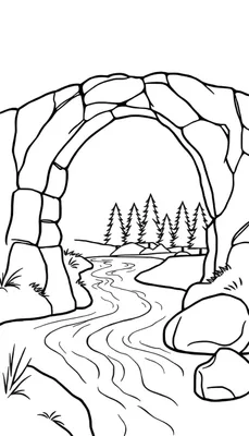 Zwart-witte lijntekening van een landschap met een grote stenen boogbrug over een rivier, omringd door bomen, heuvels en rotsen. Kleurplaat.