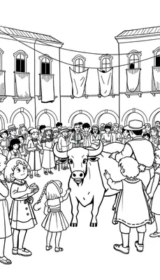 Zwart-wit lijntekening van een stadsplein met een menigte mensen, kinderen en een stier.