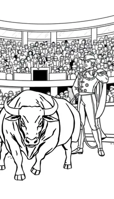 Zwart-witte kleurplaat van een stierenvechter met een cape en een grote stier in een arena, met publiek op de tribunes.