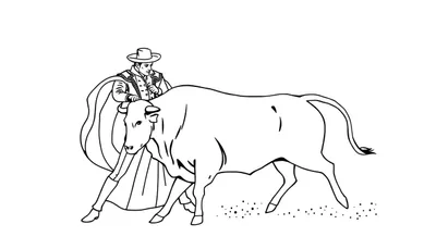 Kleurplaat van een stierenvechter met platte hoed en wijde cape tegenover een gespierde stier met hoorns.