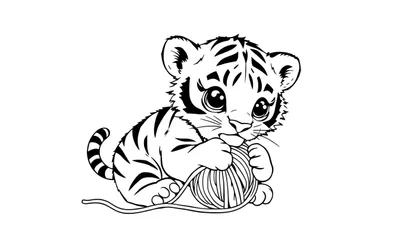 Zwart-wit tekening van een schattig tijgerwelpje dat op de grond zit en met een bol wol speelt. Het welpje heeft tijgerstrepen en grote, lieve ogen.