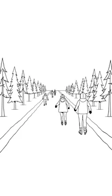 Kleurplaat van een winterlandschap met twee mensen die hand in hand schaatsen of langlaufen op een besneeuwd pad, omringd door dennenbomen.