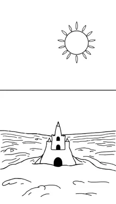 Kleurplaat van een zandkasteel op het strand met een zon aan de hemel.