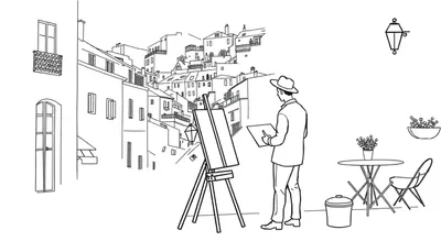 Kleurplaat van een Zuid-Europees straatbeeld met huizen tegen een heuvel, een kunstenaar die schildert, een schildersezel en een terrasje met bloemen.