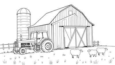 Zwart-wit kleurplaat van een boerderij met een silo, tractor, schuur en schapen in het gras.