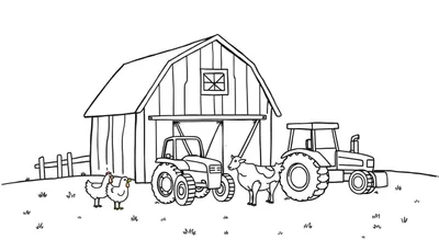 Zwart-wit kleurplaat van een boerderij met schuur, twee tractoren, een koe en twee kippen.