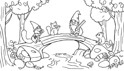 Kleurplaat van een bos met een houten brug, drie gnomes, een zwaaiende eekhoorn en een beertje op een steen.