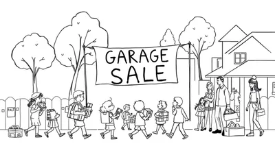 Zwart-wit lijntekening van een garage sale met een groot spandoek, mensen die spullen dragen, een huis en bomen.