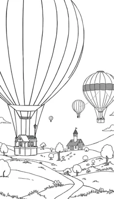 Zwart-wit tekening van een idyllisch landschap met vier heteluchtballonnen. Eén ballon is gevormd als een huisje. Er zijn heuvels, bomen en een pad te zien.