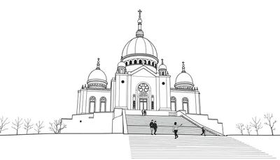 Gedetailleerde zwart-wit lijntekening van een kerk of kathedraal met meerdere koepels, een hoge spits, een roosvenster, een brede trap met figuren en kale bomen.