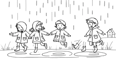 Zwart-wit tekening van vier lachende kinderen in regenjassen en laarzen die vrolijk in waterplassen springen terwijl het regent. Op de achtergrond is een klein huisje te zien.