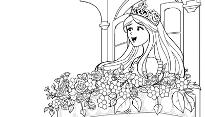 Lijntekening van een blij uitziende prinses met kroon, die uit een sierlijk balkon vol bloemen kijkt.