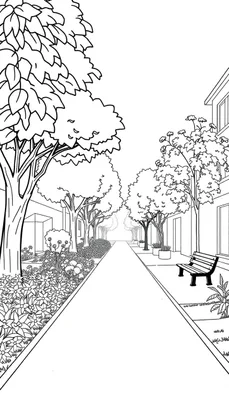 Kleurplaat van een promenade met bomenrijen, bloemen, een parkbankje en gebouwen op de achtergrond, in perspectief getekend.