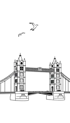 Zwart-wit kleurplaat van de Tower Bridge in Londen met twee meeuwen erboven.