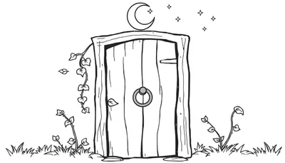 Zwart-wit lijntekening van een houten deur met een ronde deurklopper, klimop, gras, een halve maan en sterren. Kleurplaat.